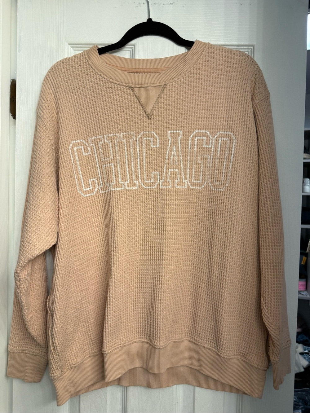 aerie Beige Waffle Crewneck with CHICAGO Script